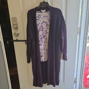 Long Open-Front Women's Ribbed Duster Cardigan Sweater - Purple With Shirt